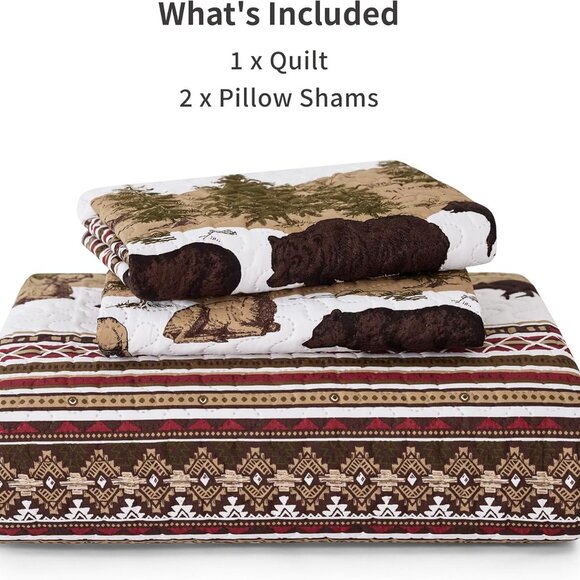 NEW! 3-Piece Lodge Bed Cover Quilt with 2 Pillow Shams for All Season, Brown - Picture 6 of 6